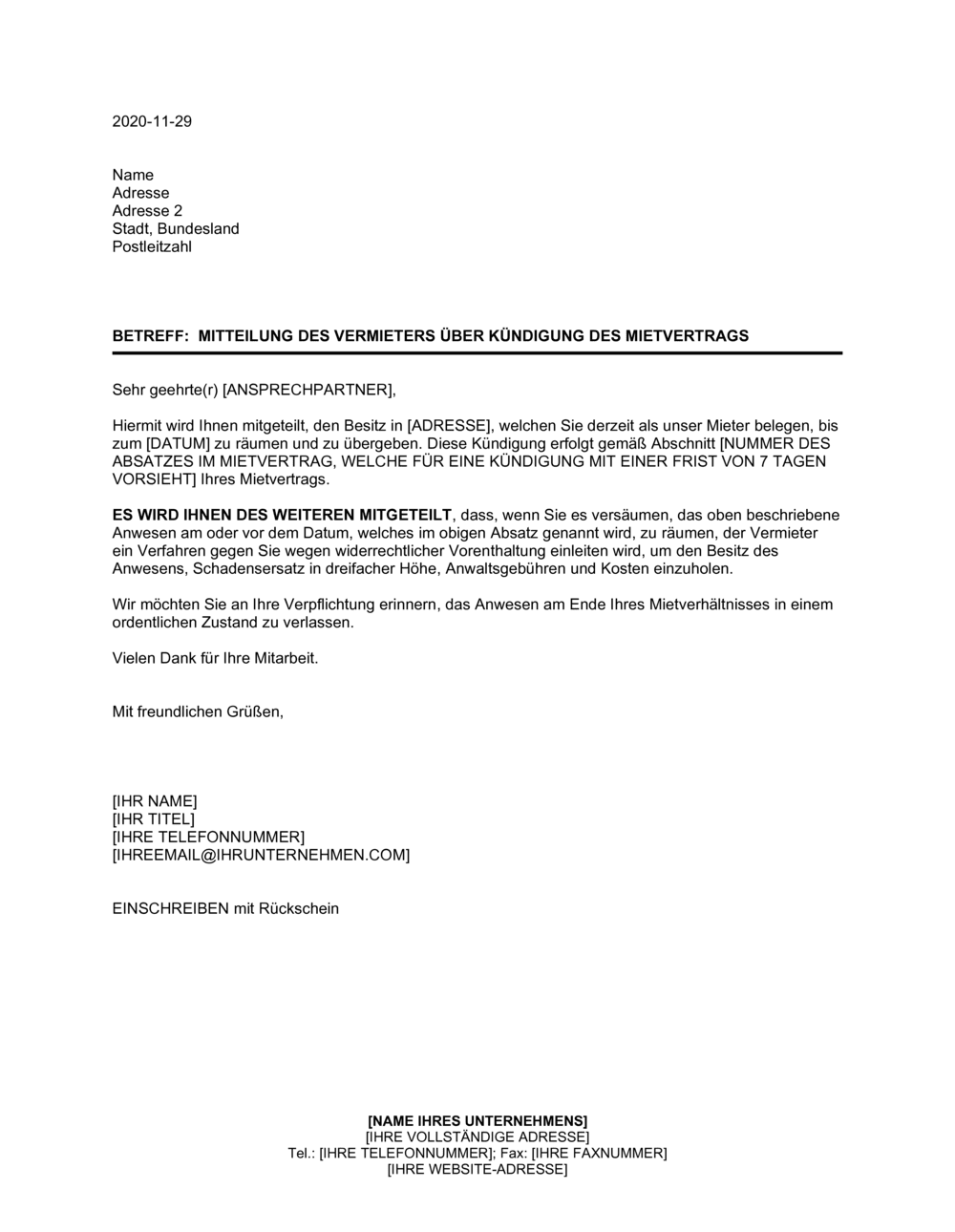 Business-in-a-Box's Mitteilung des Vermieters über Kündigung des Mietvertrags