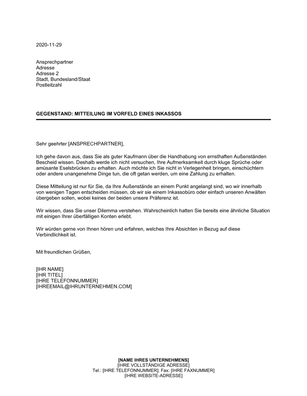 Business-in-a-Box's Mitteilung im Vorfeld eines Inkassos