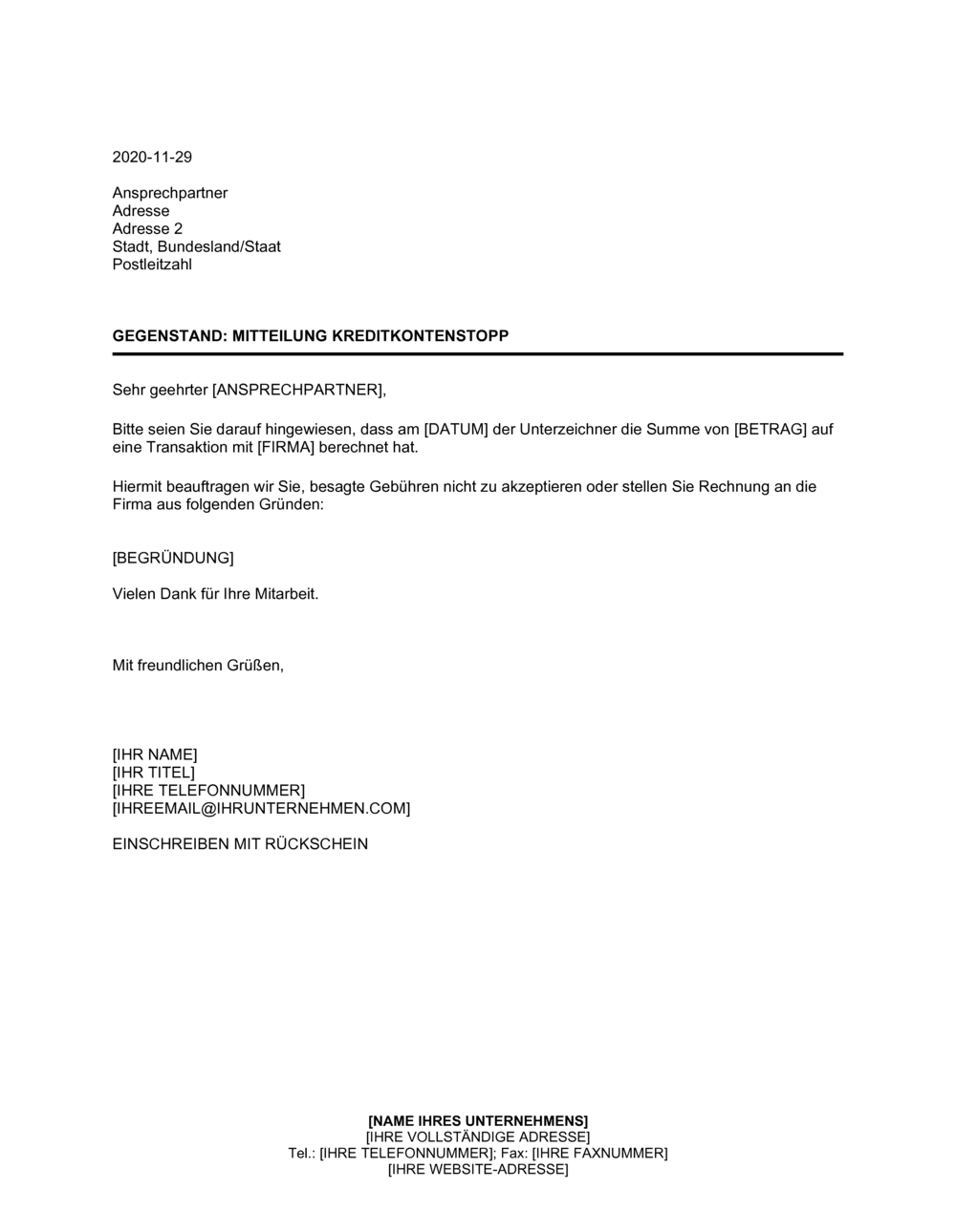 Business-in-a-Box's Mitteilung Kreditkontenstopp