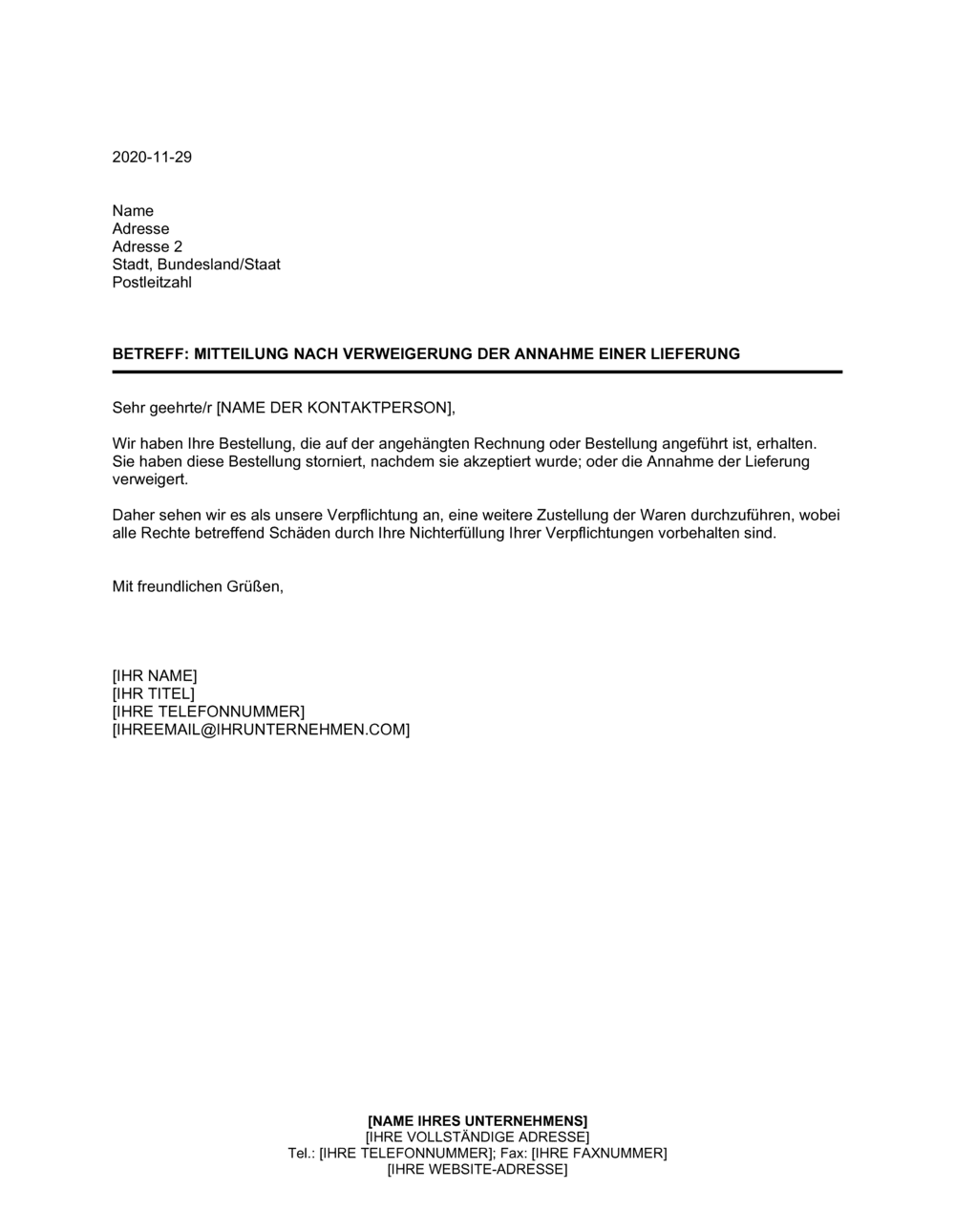 Business-in-a-Box's Mitteilung nach der Verweigerung der Annahme einer Lieferung
