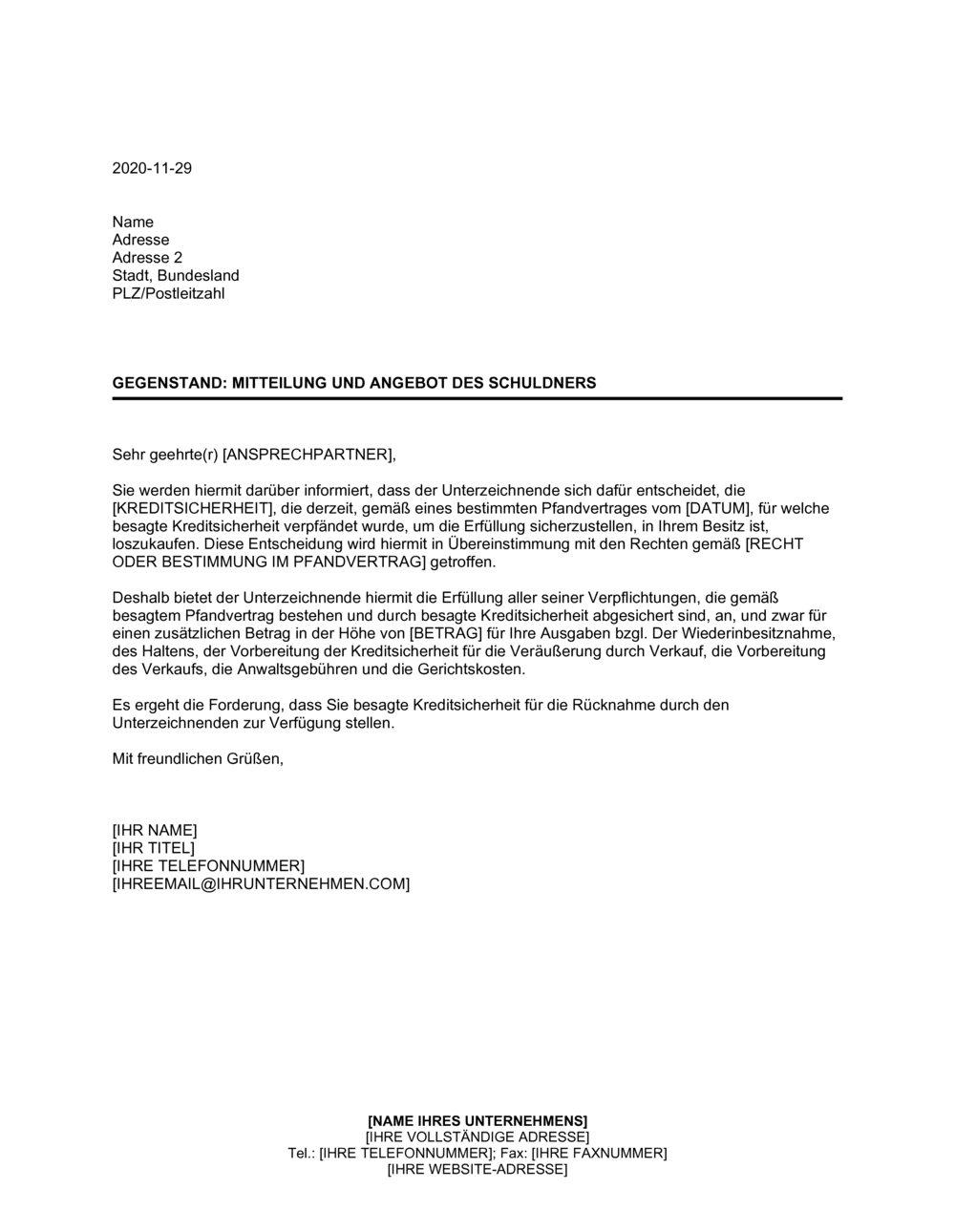 Business-in-a-Box's Mitteilung und Angebot des Schuldners