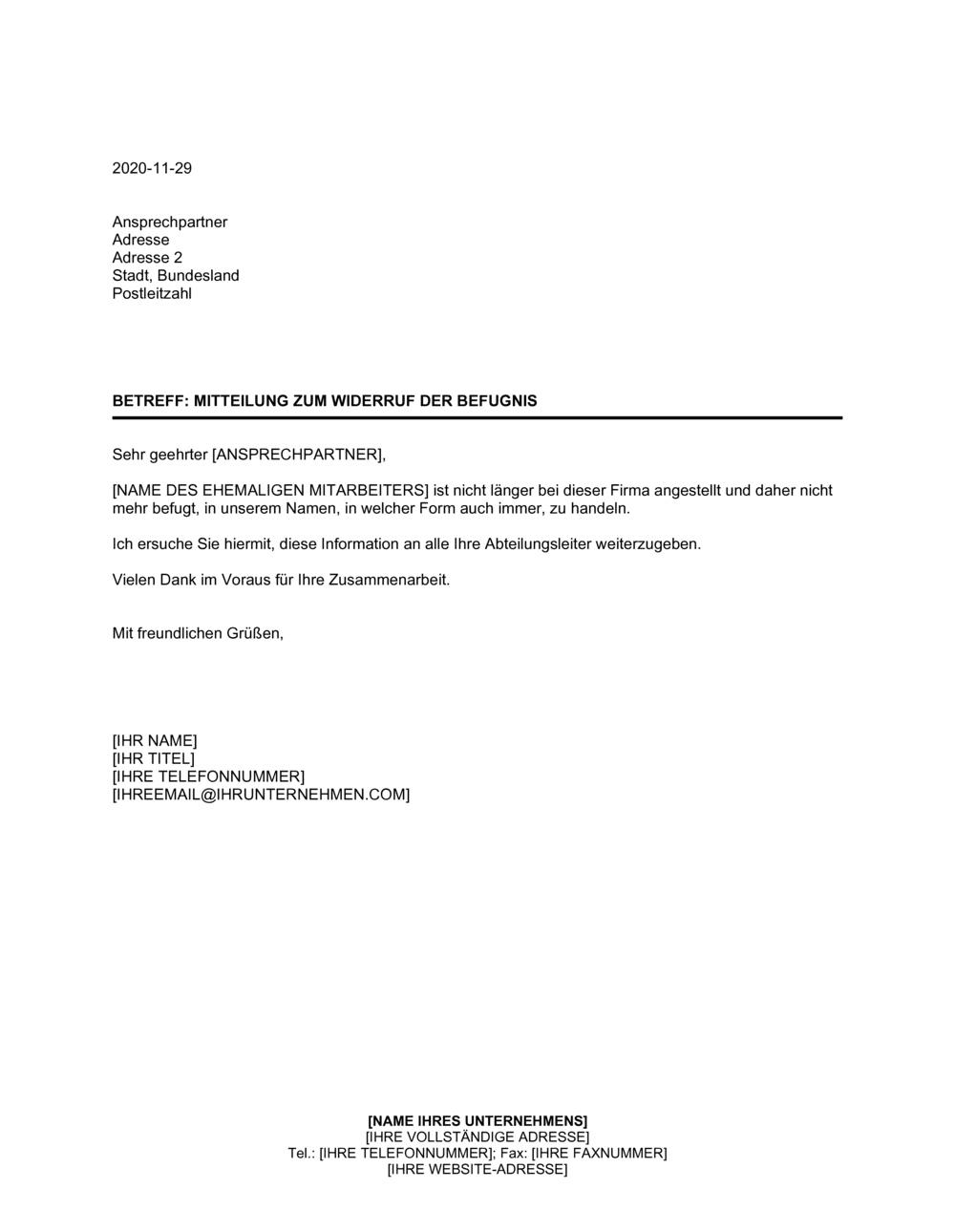 Business-in-a-Box's Mitteilung zum Widerruf der Befugnis