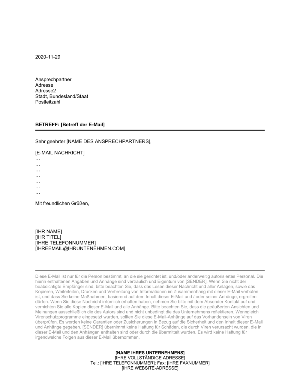 Business-in-a-Box's Mitteilung zur Vertraulichkeit von E-Mails und Ausschlussklausel