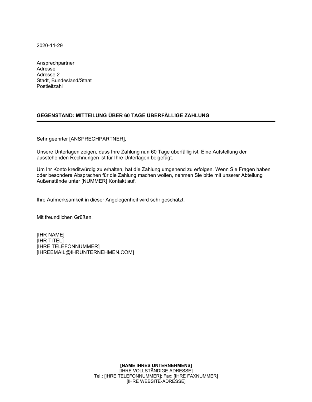 Business-in-a-Box's Mitteilung über 60 Tage überfällige Zahlung