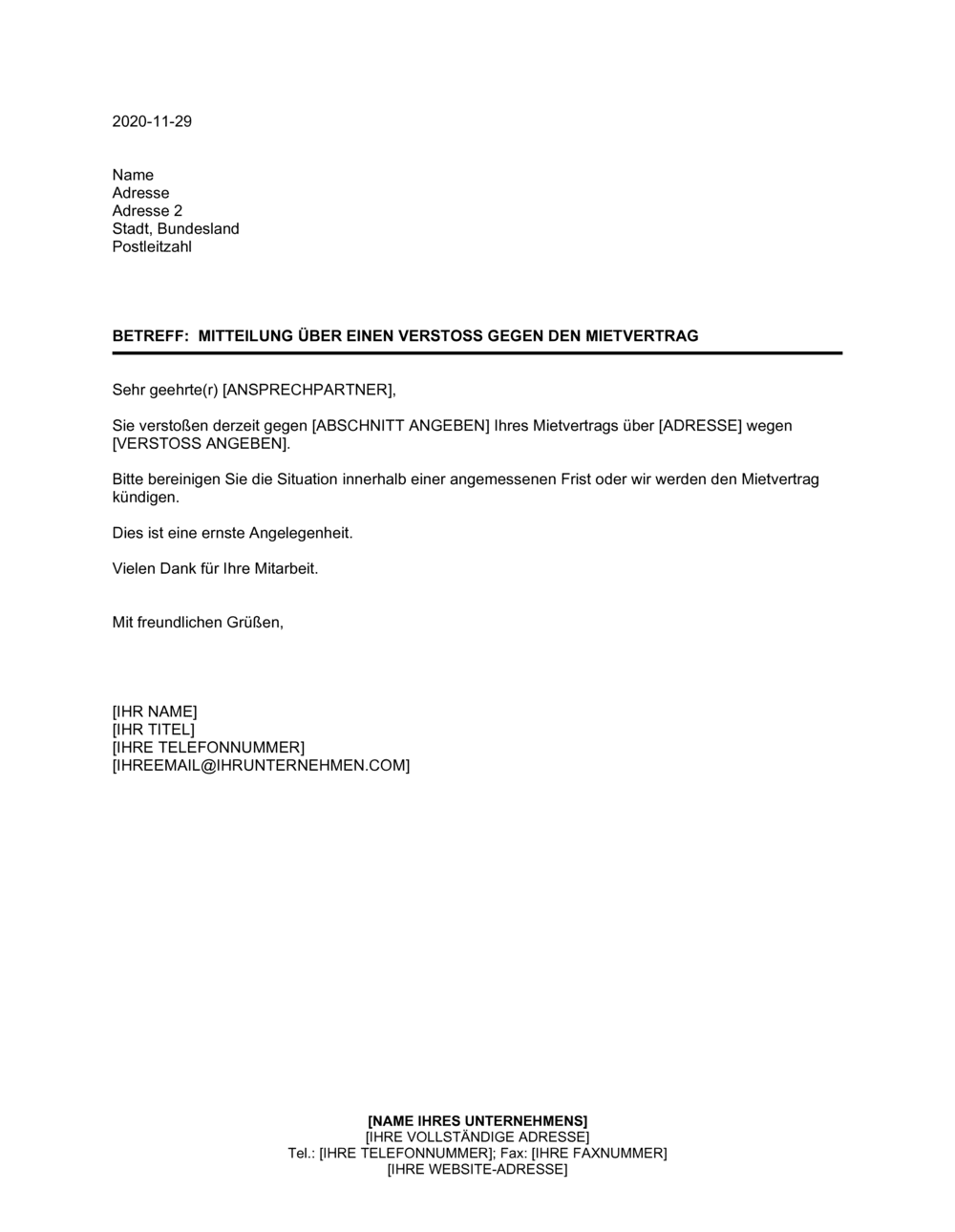 Business-in-a-Box's Mitteilung über andere Verstöße gegen den Mietvertrag