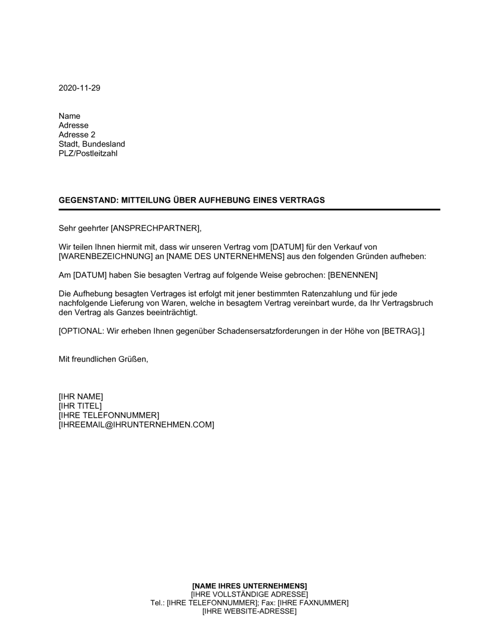 Business-in-a-Box's Mitteilung über Aufhebung eines Vertrags