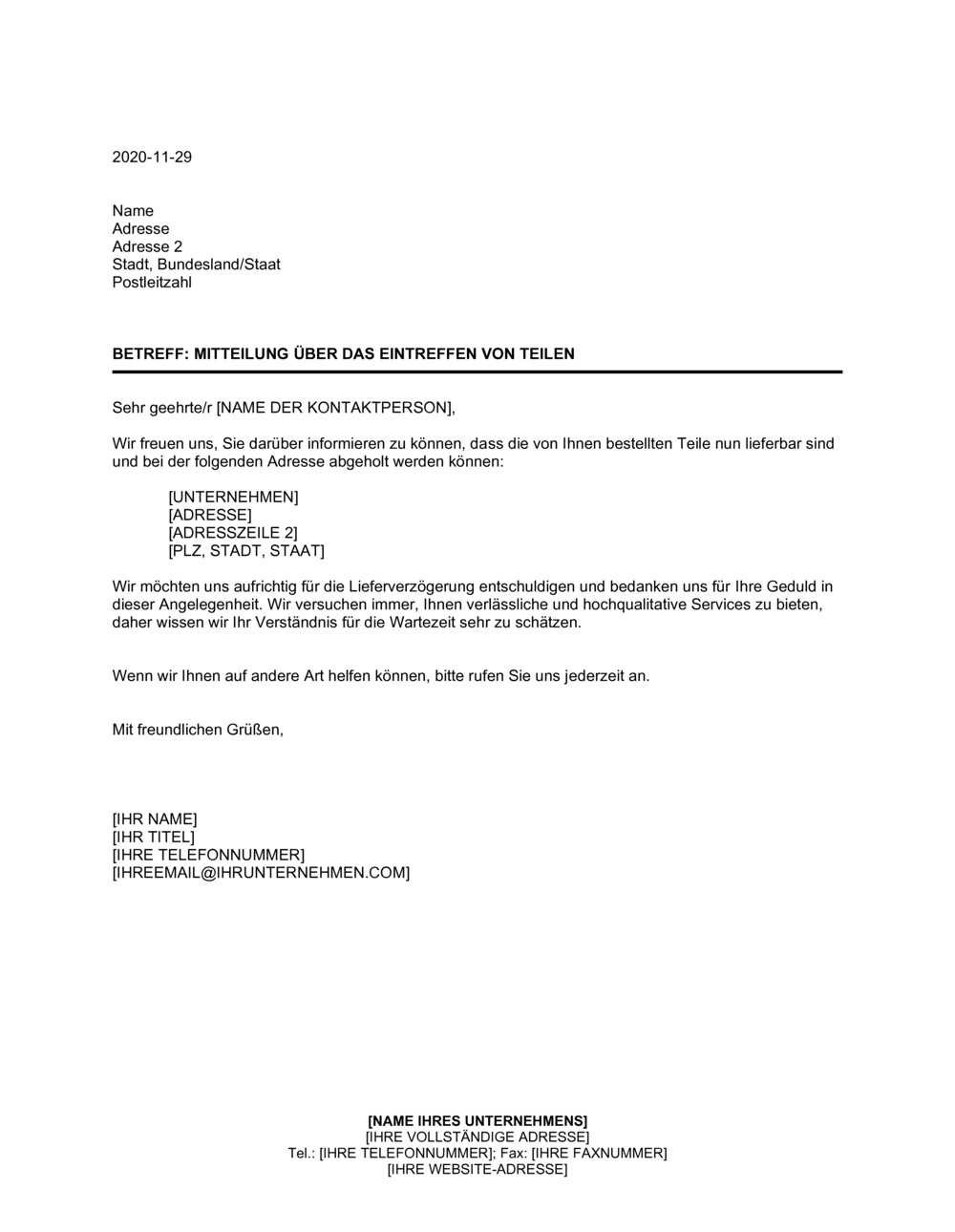 Business-in-a-Box's Mitteilung über das Eintreffen von Teilen