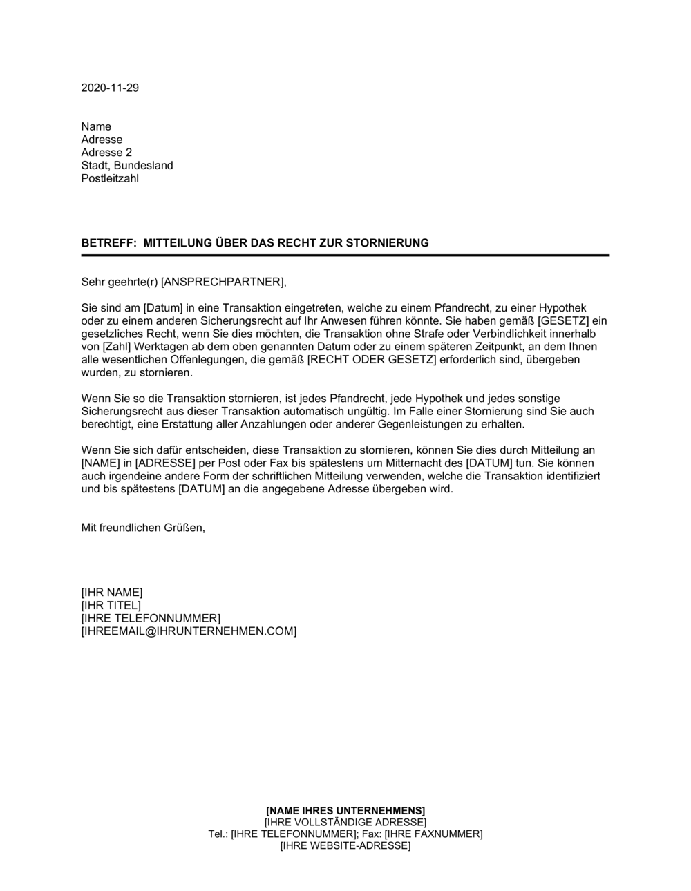 Business-in-a-Box's Mitteilung über das Recht zur Stornierung