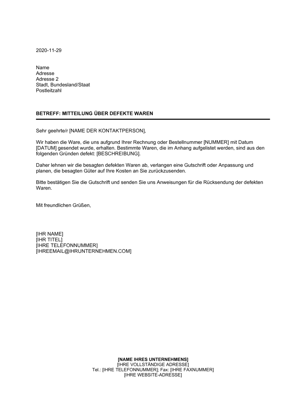 Business-in-a-Box's Mitteilung über defekte Waren