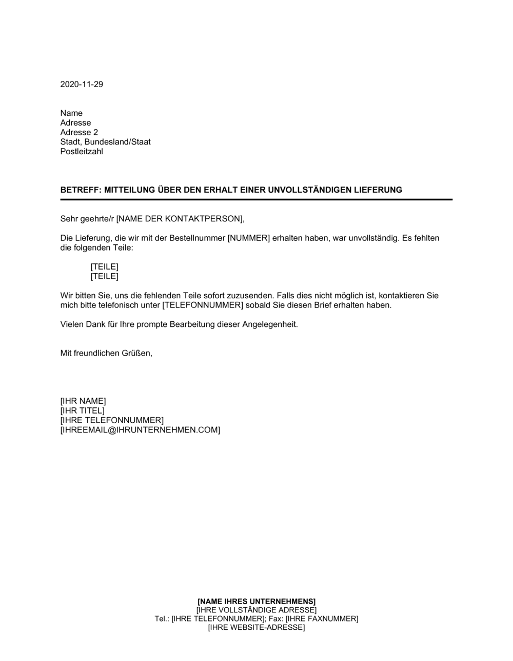 Business-in-a-Box's Mitteilung über den Erhalt einer unvollständigen Lieferung