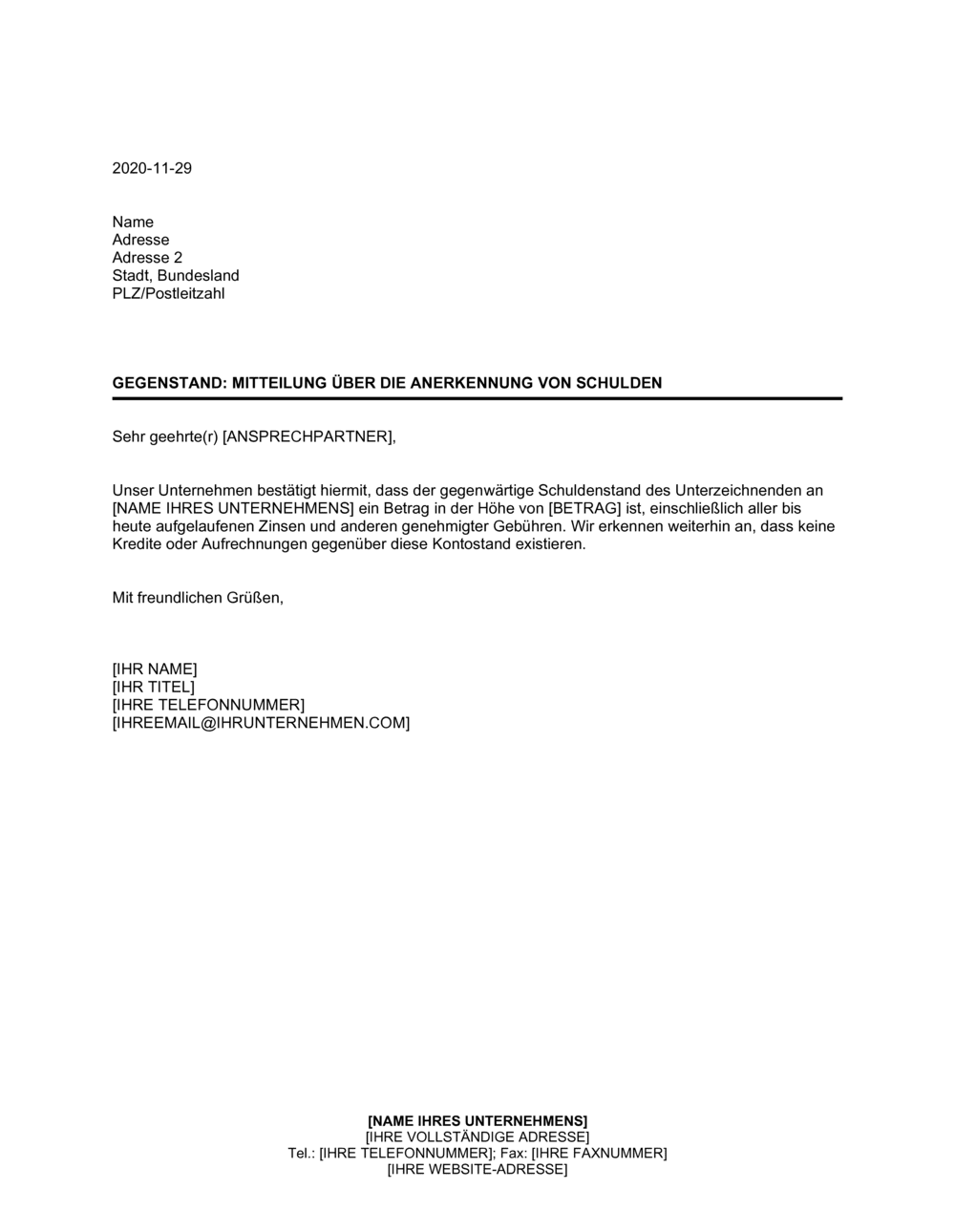 Business-in-a-Box's Mitteilung über die Anerkennung von Schulden