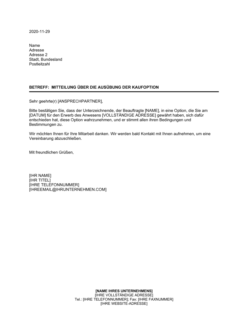Business-in-a-Box's Mitteilung über die Ausübung der Kaufoption