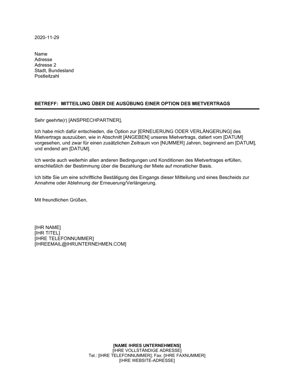 Business-in-a-Box's Mitteilung über die Ausübung einer Option des Mietvertrags