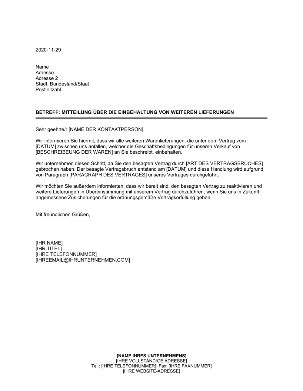 Business-in-a-Box's Mitteilung über die Einbehaltung von weiteren Lieferungen