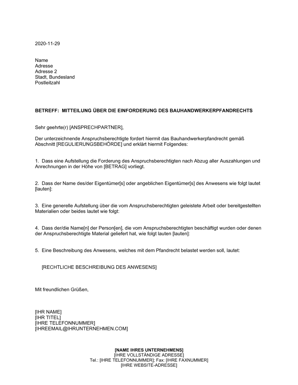 Business-in-a-Box's Mitteilung über die Einforderung des Bauhandwerkerpfandrechts