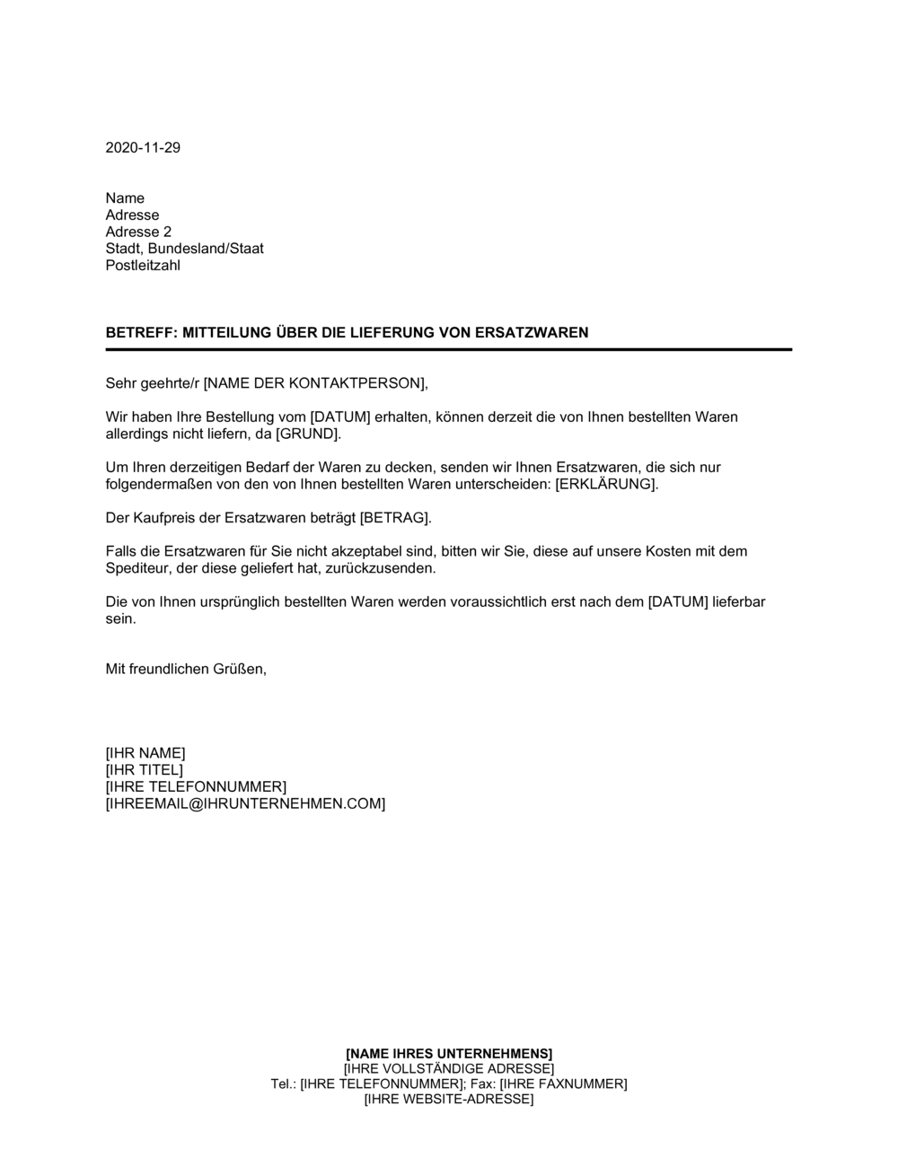 Business-in-a-Box's Mitteilung über die Lieferung von Ersatzwaren