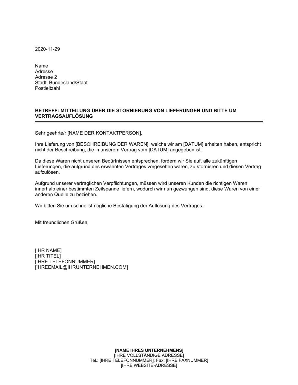 Business-in-a-Box's Mitteilung über die Stornierung von Lieferungen und Bitte um Vertragsauflösung