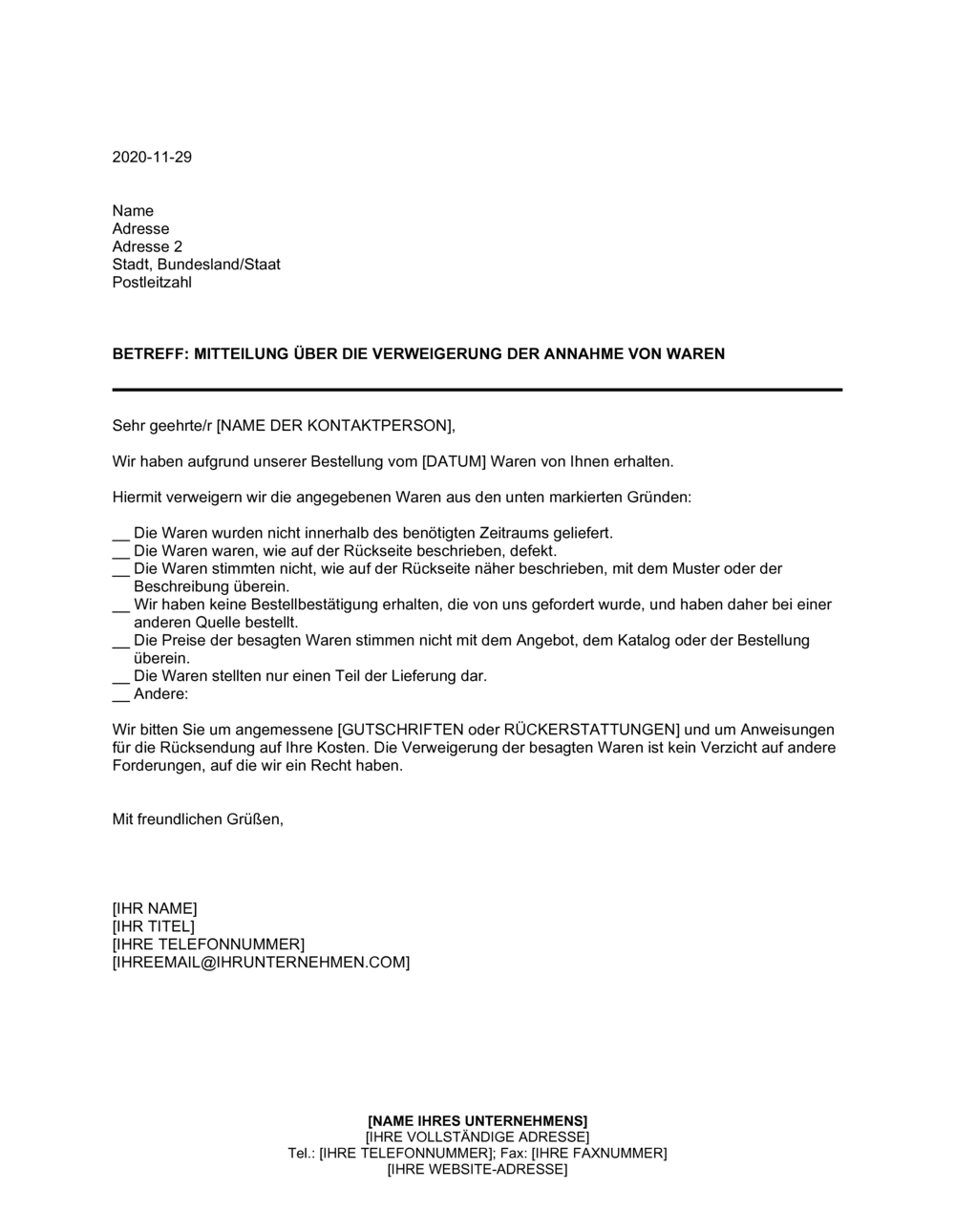 Business-in-a-Box's Mitteilung über die Verweigerung der Annahme von Waren
