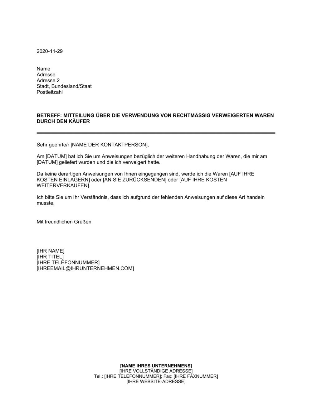 Business-in-a-Box's Mitteilung über die Verwendung von rechtmäßig verweigerten Waren durch den Käufer