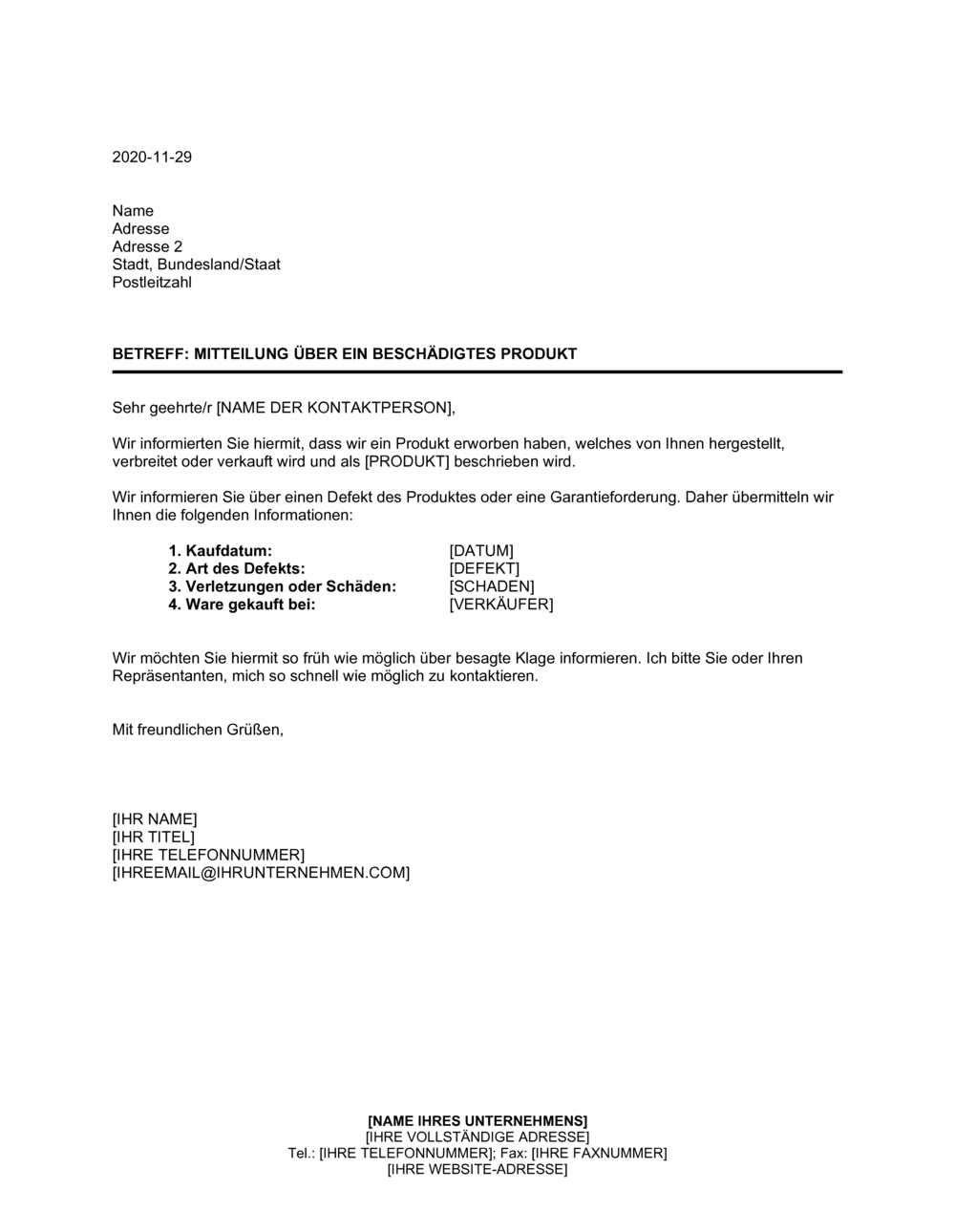 Business-in-a-Box's Mitteilung über ein beschädigtes Produkt