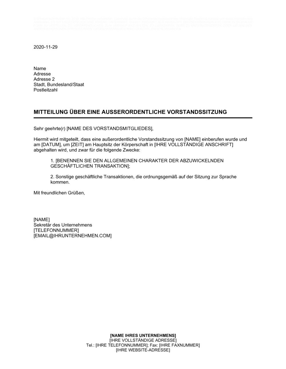 Business-in-a-Box's Mitteilung über eine außerordentliche Vorstandssitzung