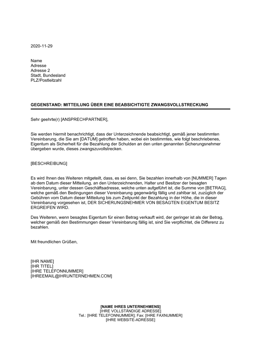 Business-in-a-Box's Mitteilung über eine beabsichtigte Zwangsvollstreckung