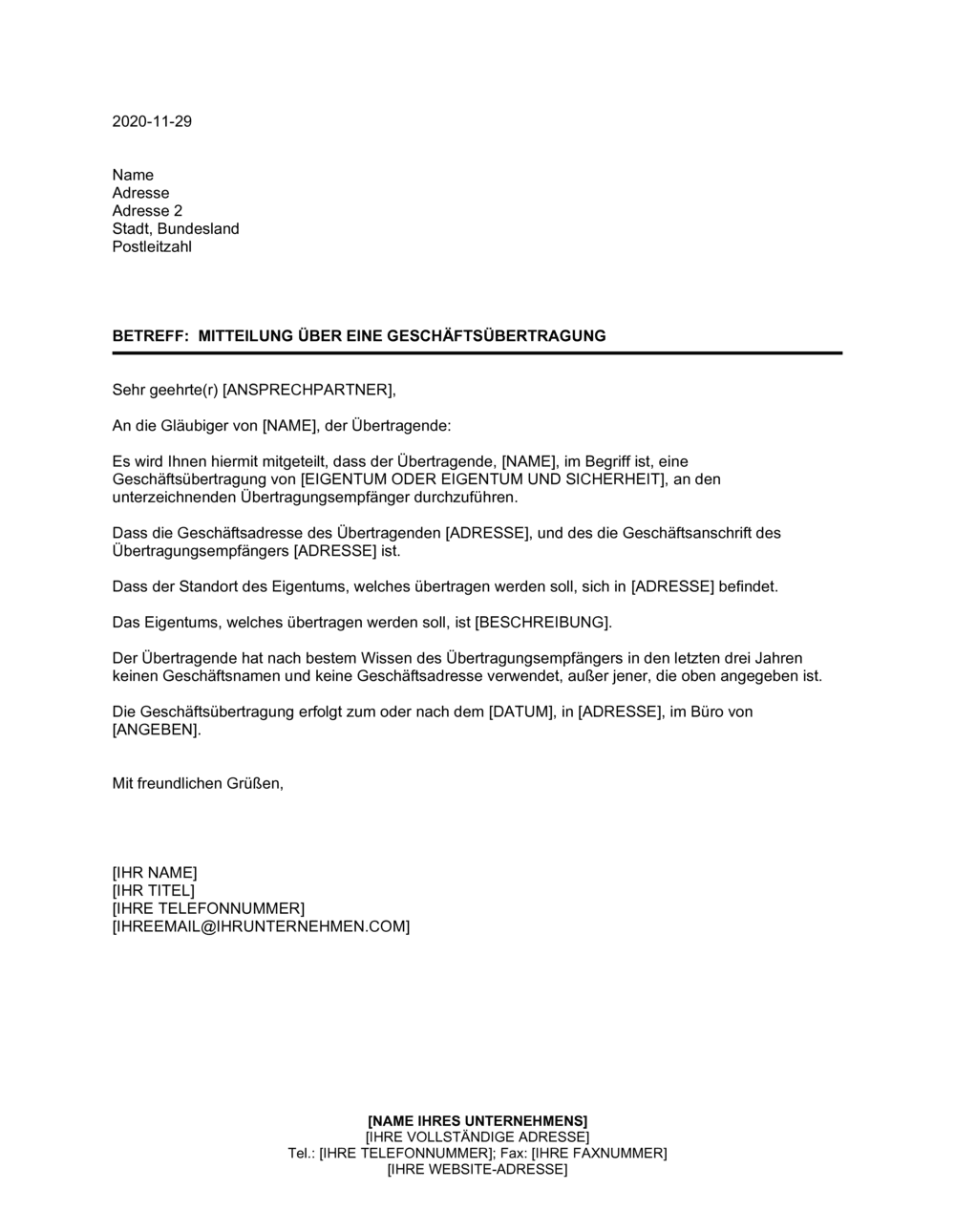 Business-in-a-Box's Mitteilung über eine Geschäftsübertragung