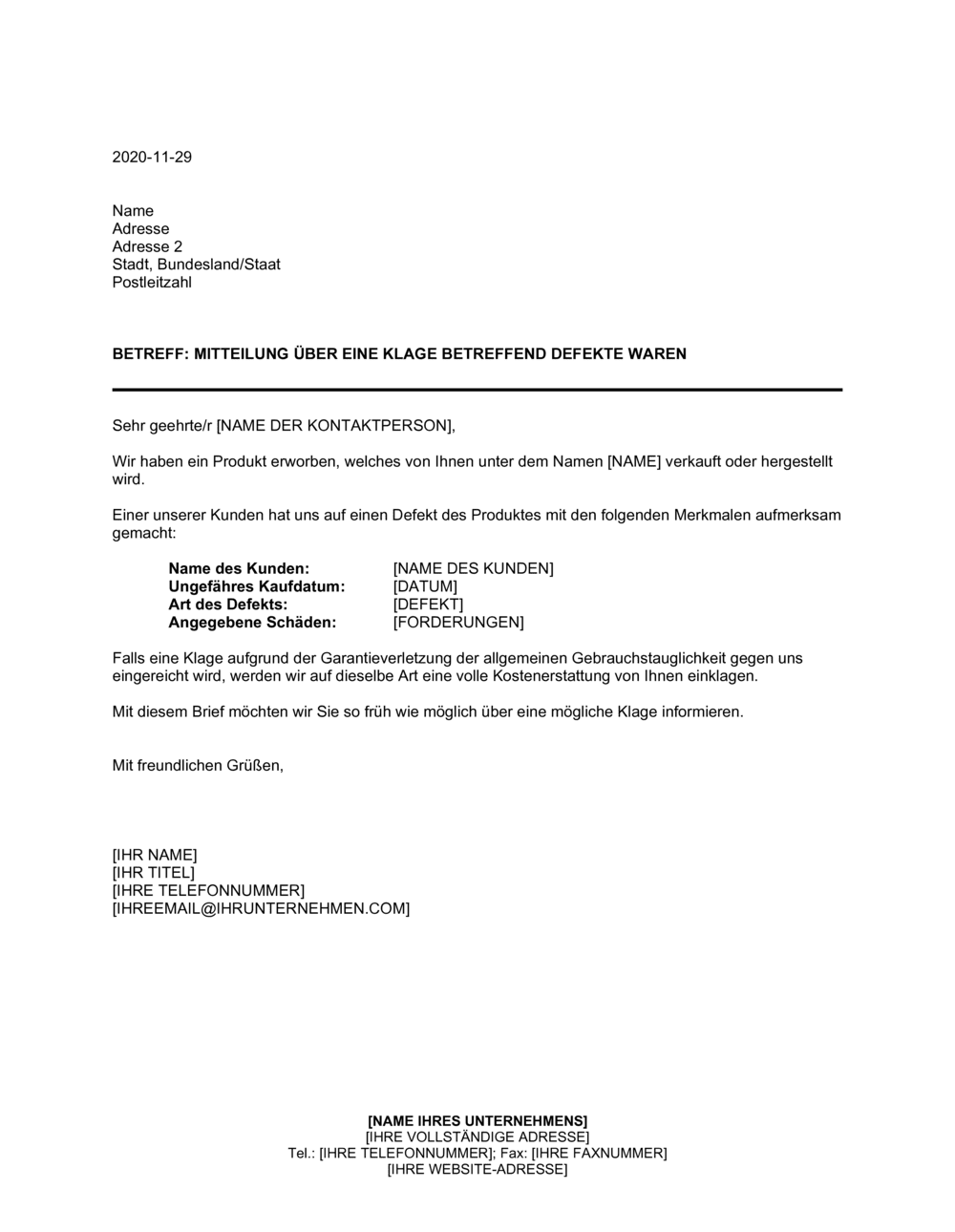 Business-in-a-Box's Mitteilung über eine Klage betreffend Defekte Waren