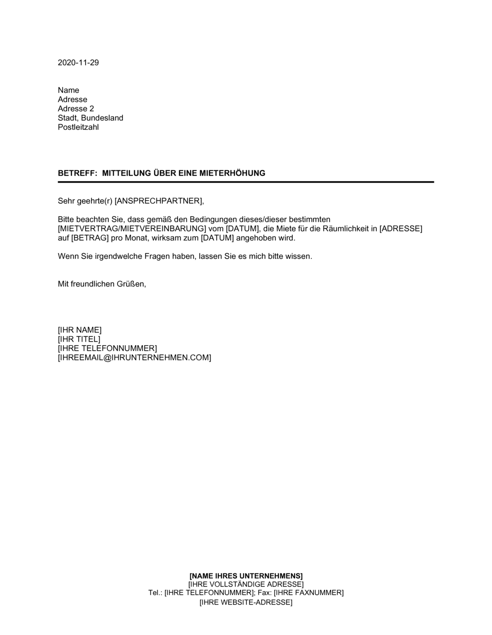Business-in-a-Box's Mitteilung über eine Mieterhöhung