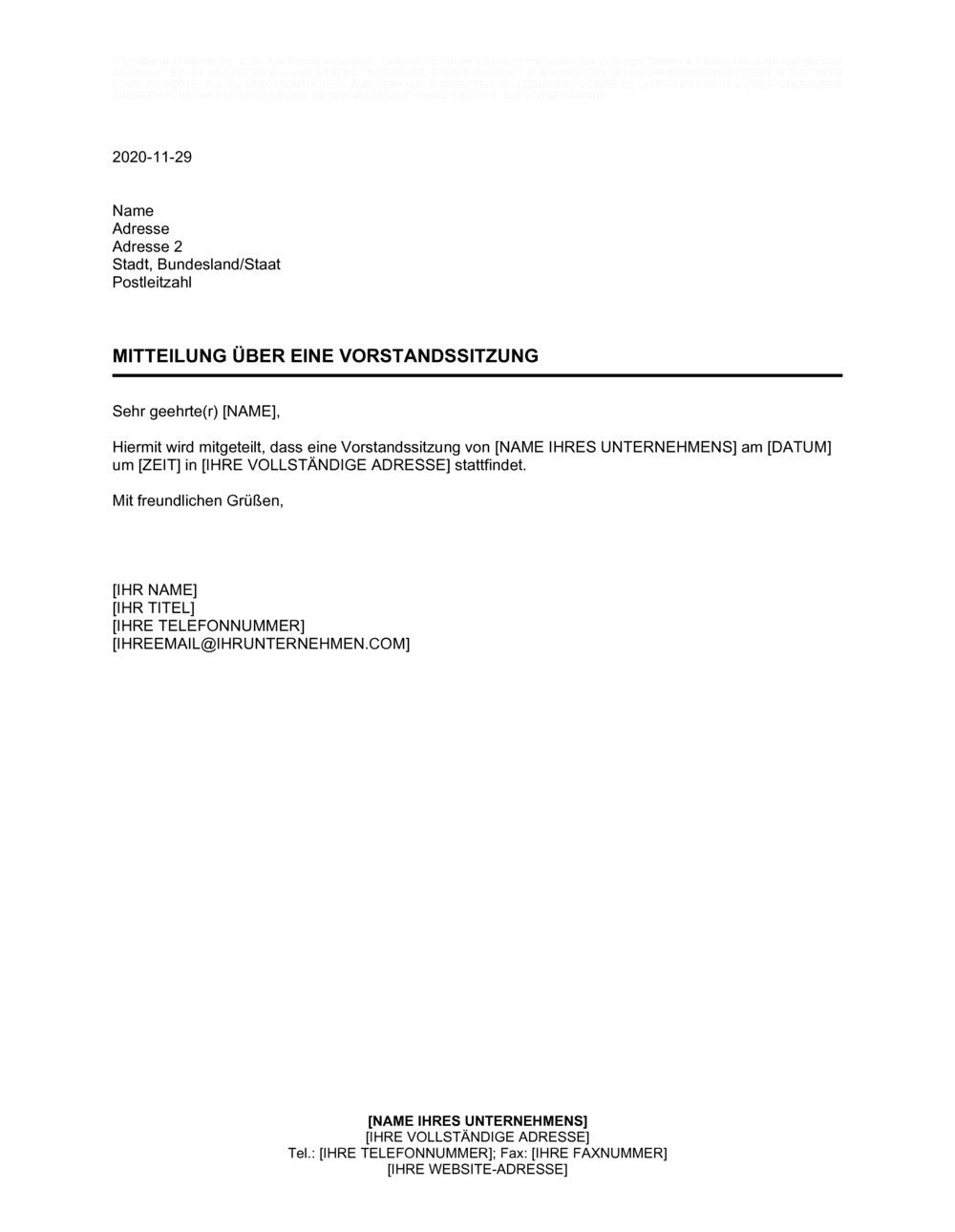 Business-in-a-Box's Mitteilung über eine Vorstandssitzung