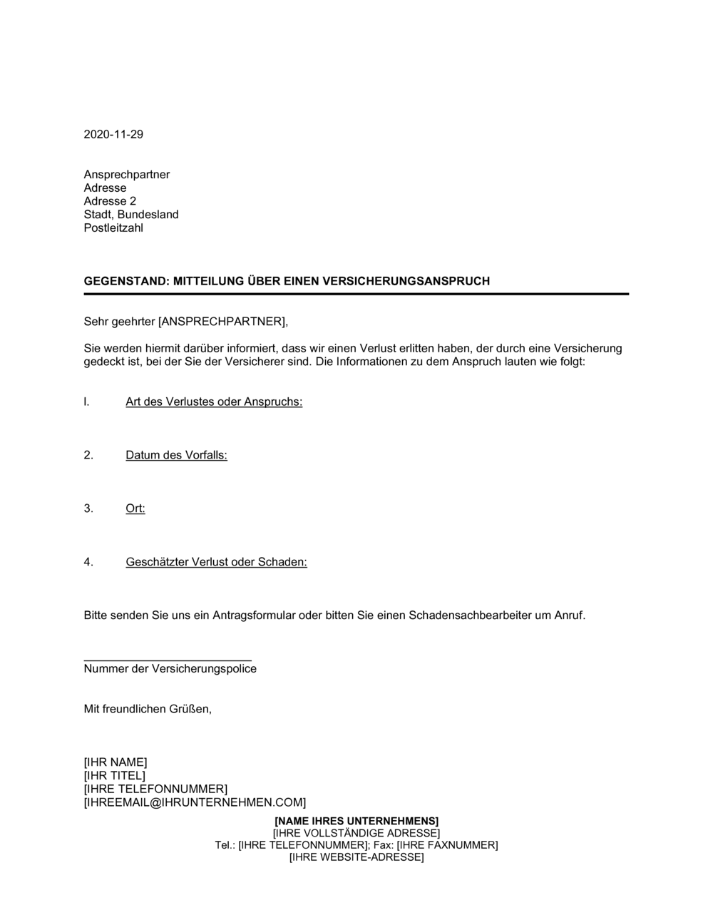 Business-in-a-Box's Mitteilung über einen Versicherungsanspruch