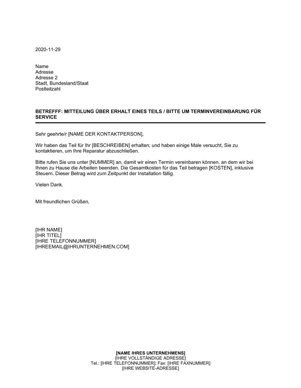 Business-in-a-Box's Mitteilung über Erhalt eines Teils Bitte um Terminvereinbarung für Service