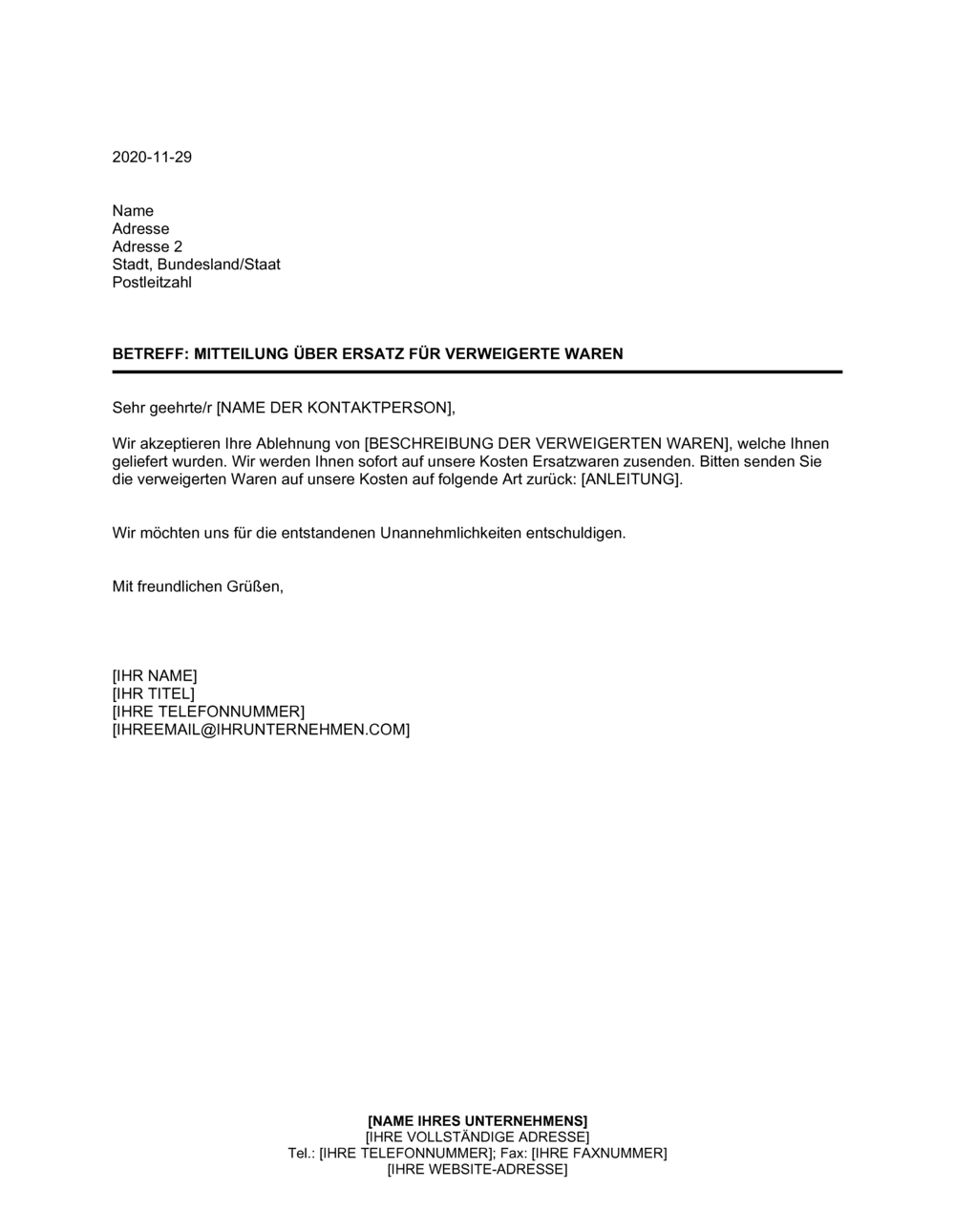 Business-in-a-Box's Mitteilung über Ersatz für verweigerte Waren