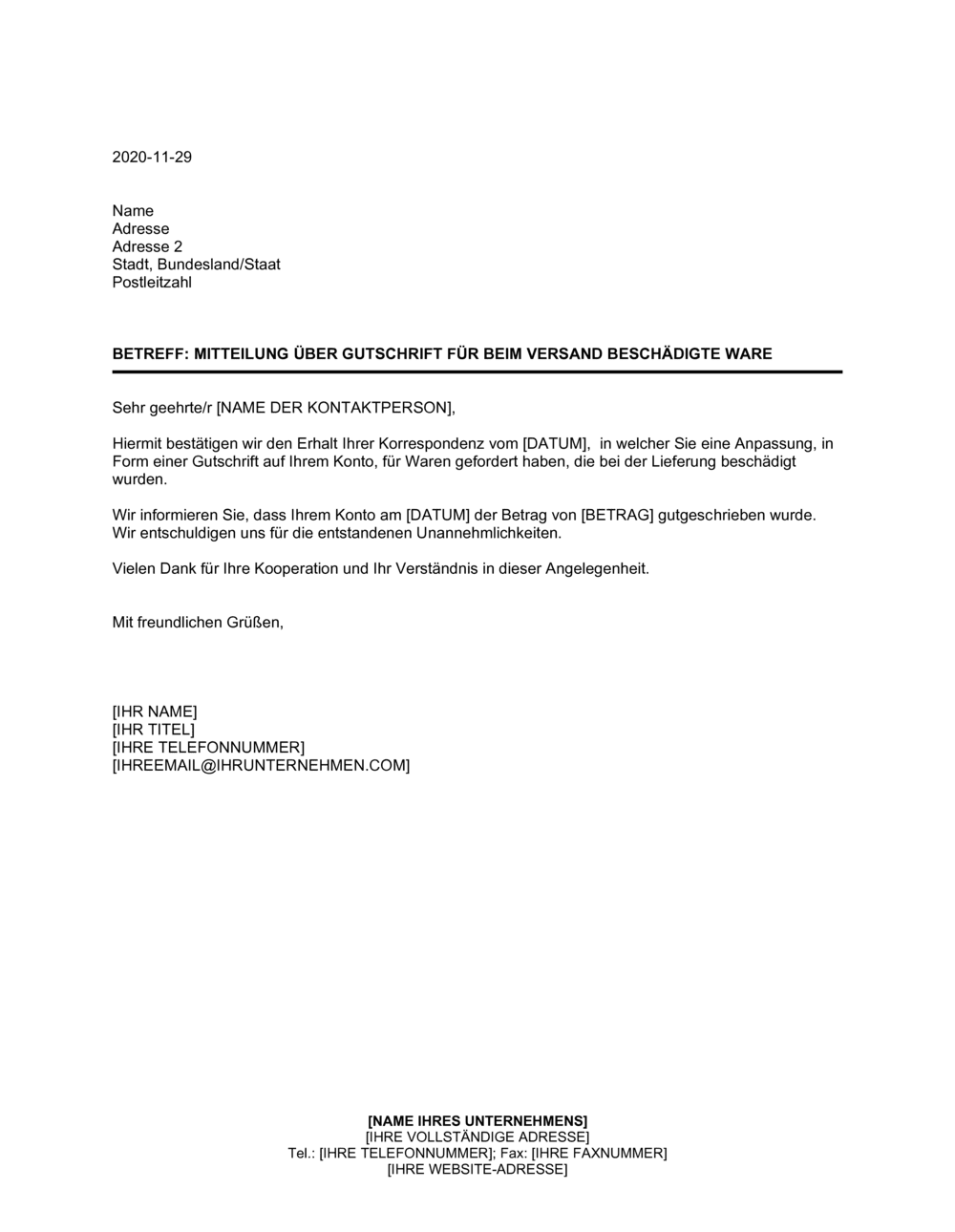 Business-in-a-Box's Mitteilung über Gutschrift für beim Versand beschädigte Ware