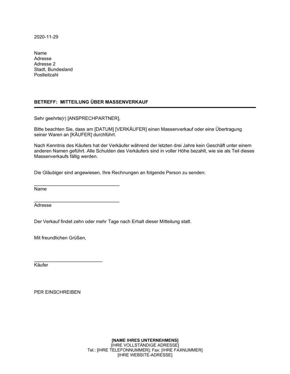 Business-in-a-Box's Mitteilung über Massenverkauf