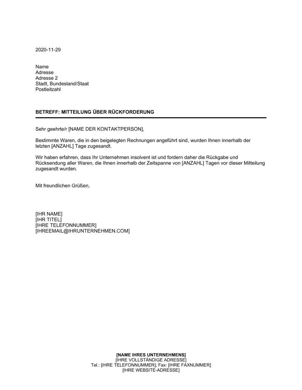 Business-in-a-Box's Mitteilung über Rückforderung