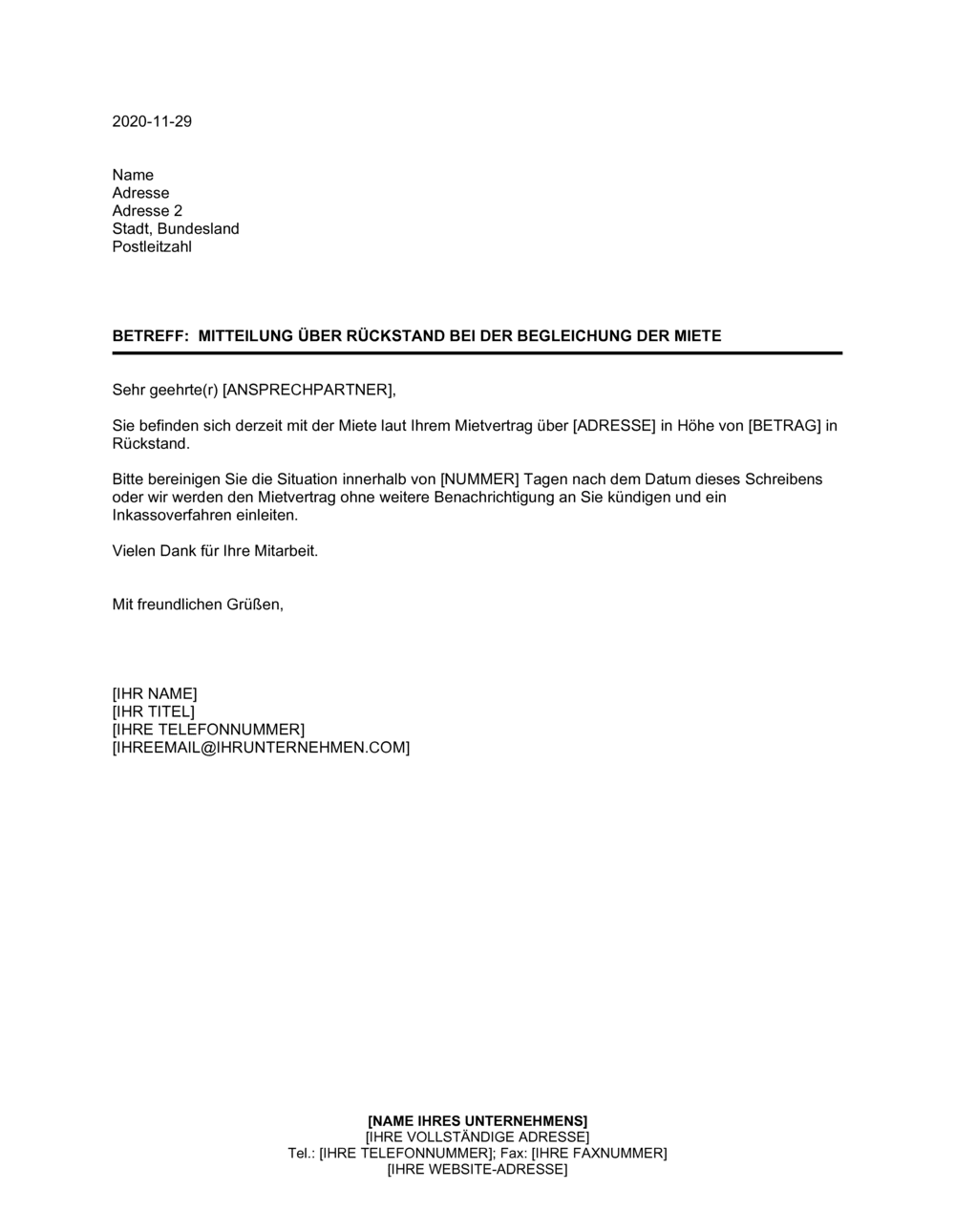 Business-in-a-Box's Mitteilung über Rückstand bei der Begleichung der Miete