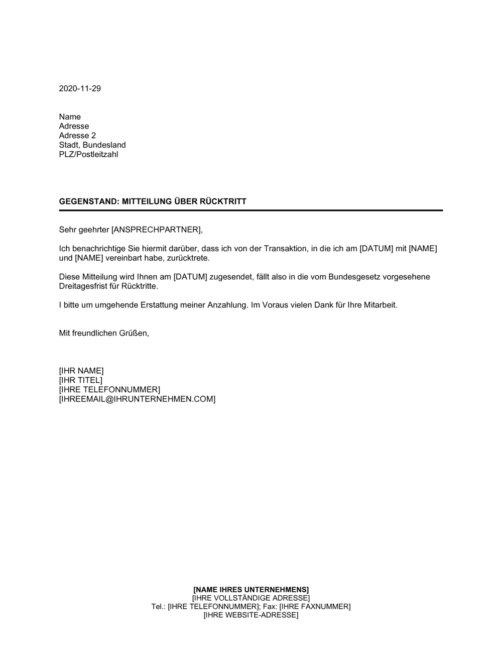 Business-in-a-Box's Mitteilung über Rücktritt
