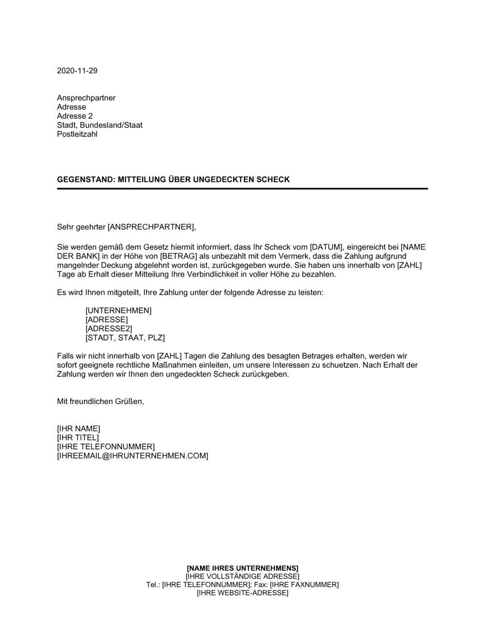 Business-in-a-Box's Mitteilung über ungedeckten Scheck