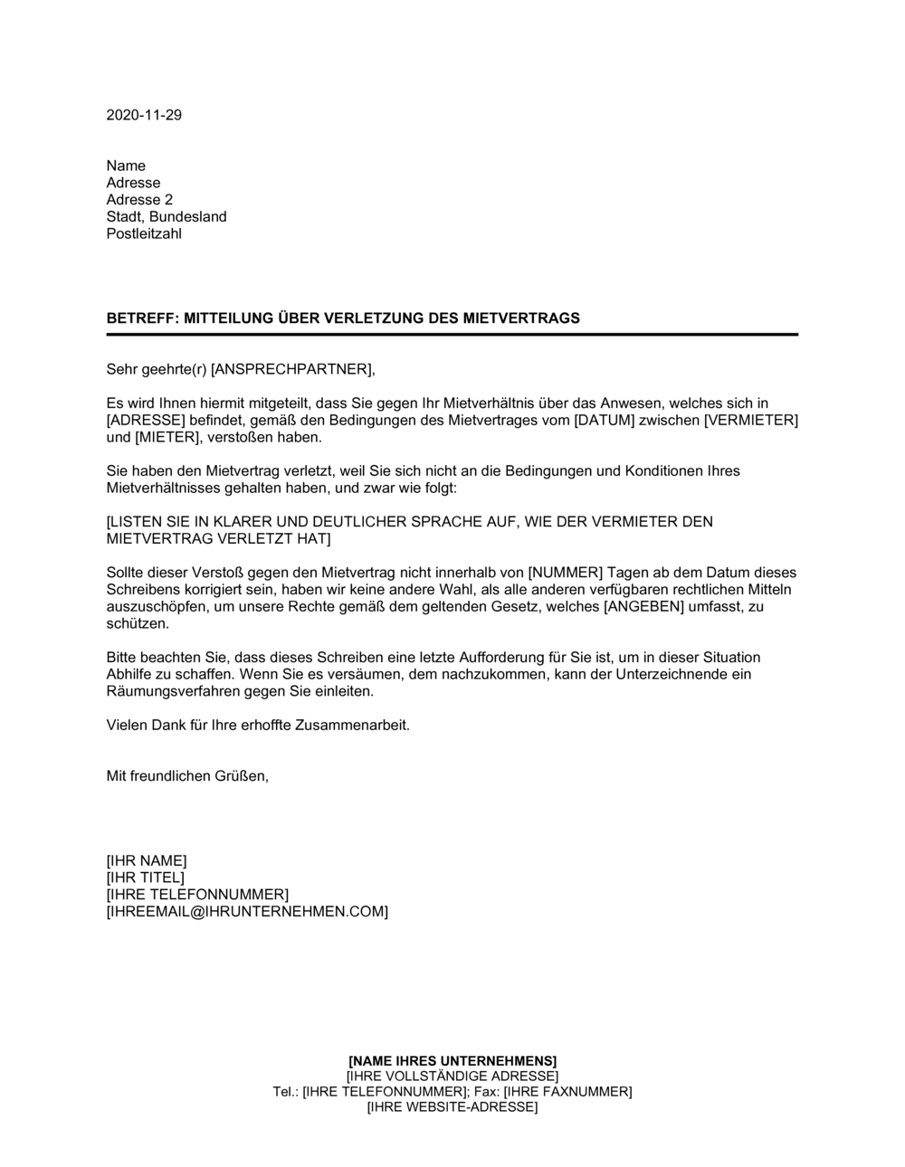 Business-in-a-Box's Mitteilung über Verletzung des Mietvertrags