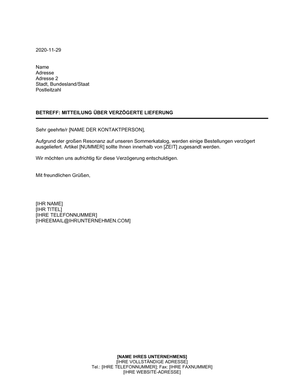 Business-in-a-Box's Mitteilung über verzögerte Lieferung