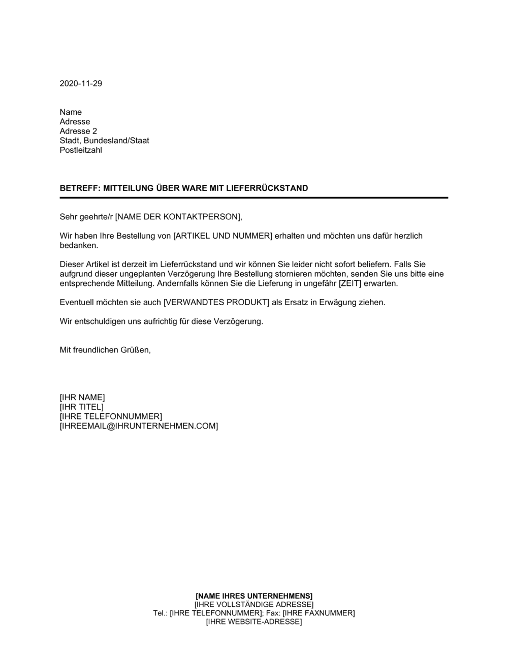 Business-in-a-Box's Mitteilung über Ware mit Lieferrückstand