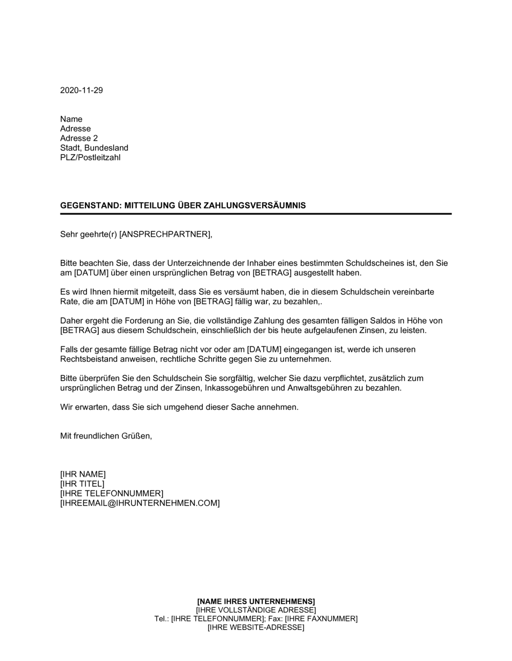 Business-in-a-Box's Mitteilung über Zahlungsversäumnis