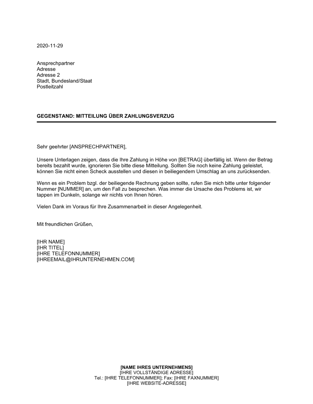 Business-in-a-Box's Mitteilung über Zahlungsverzug