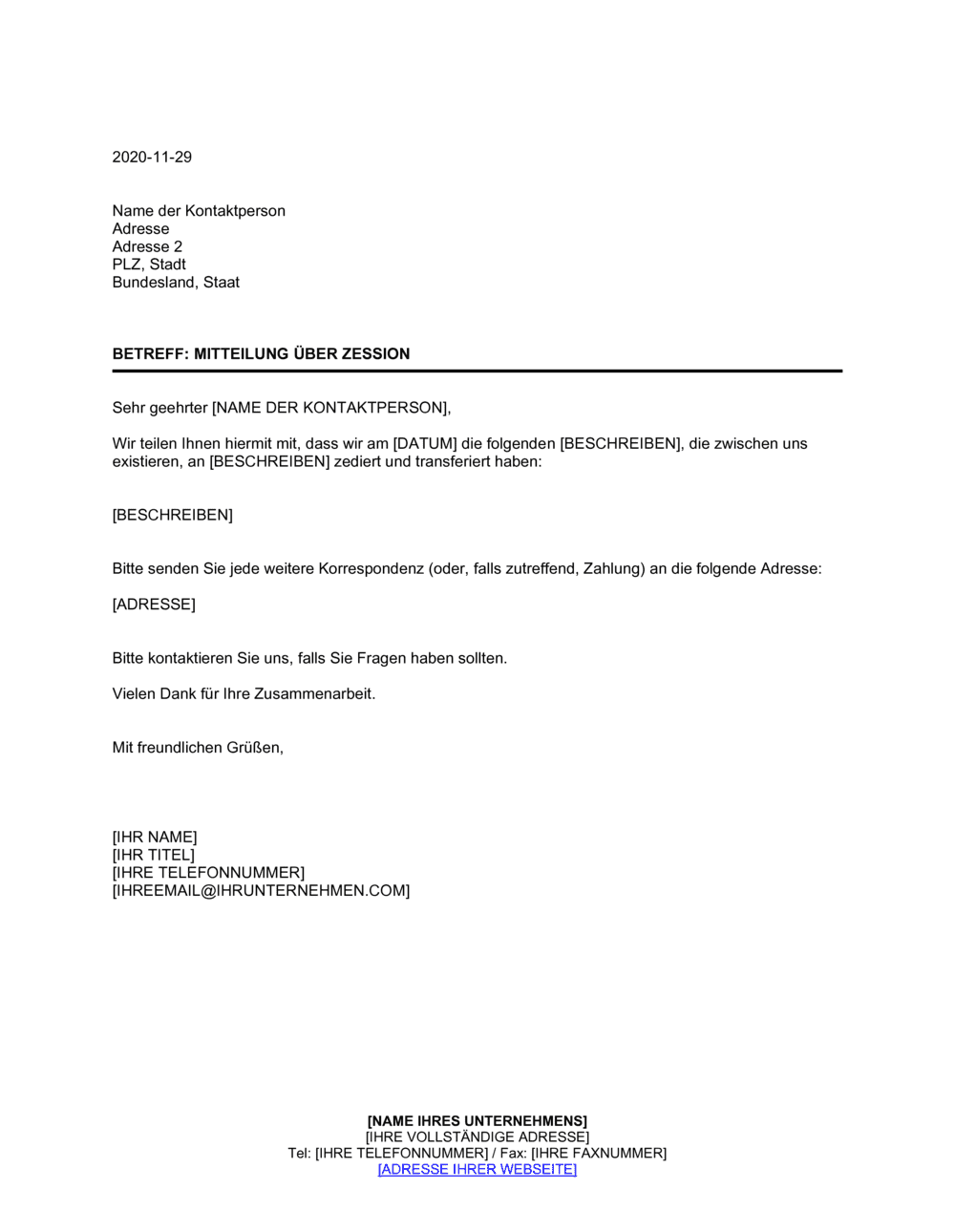 Business-in-a-Box's Mitteilung über Zession