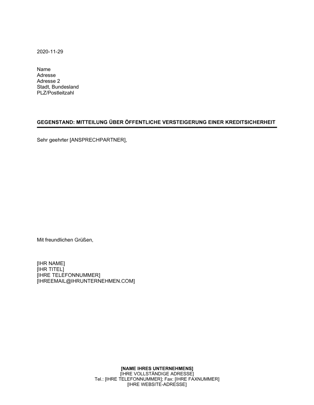 Business-in-a-Box's Mitteilung über öffentliche Versteigerung einer Kreditsicherheit