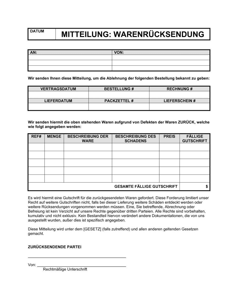 Business-in-a-Box's Mitteilung Warenrücksendung