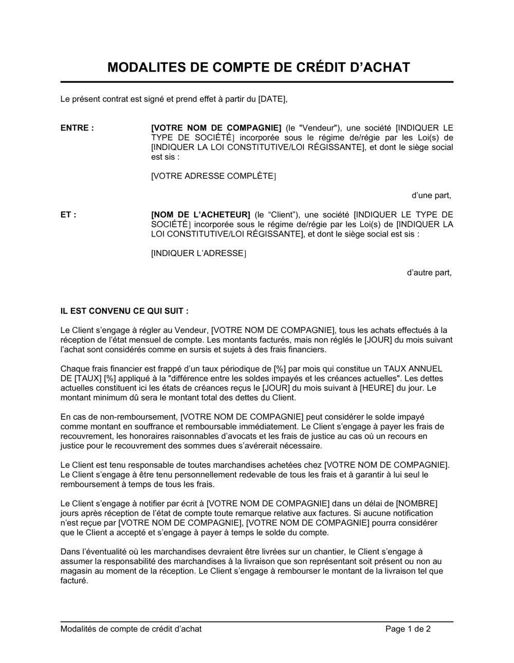 Business-in-a-Box's Modalités de compte de crédit d'achat