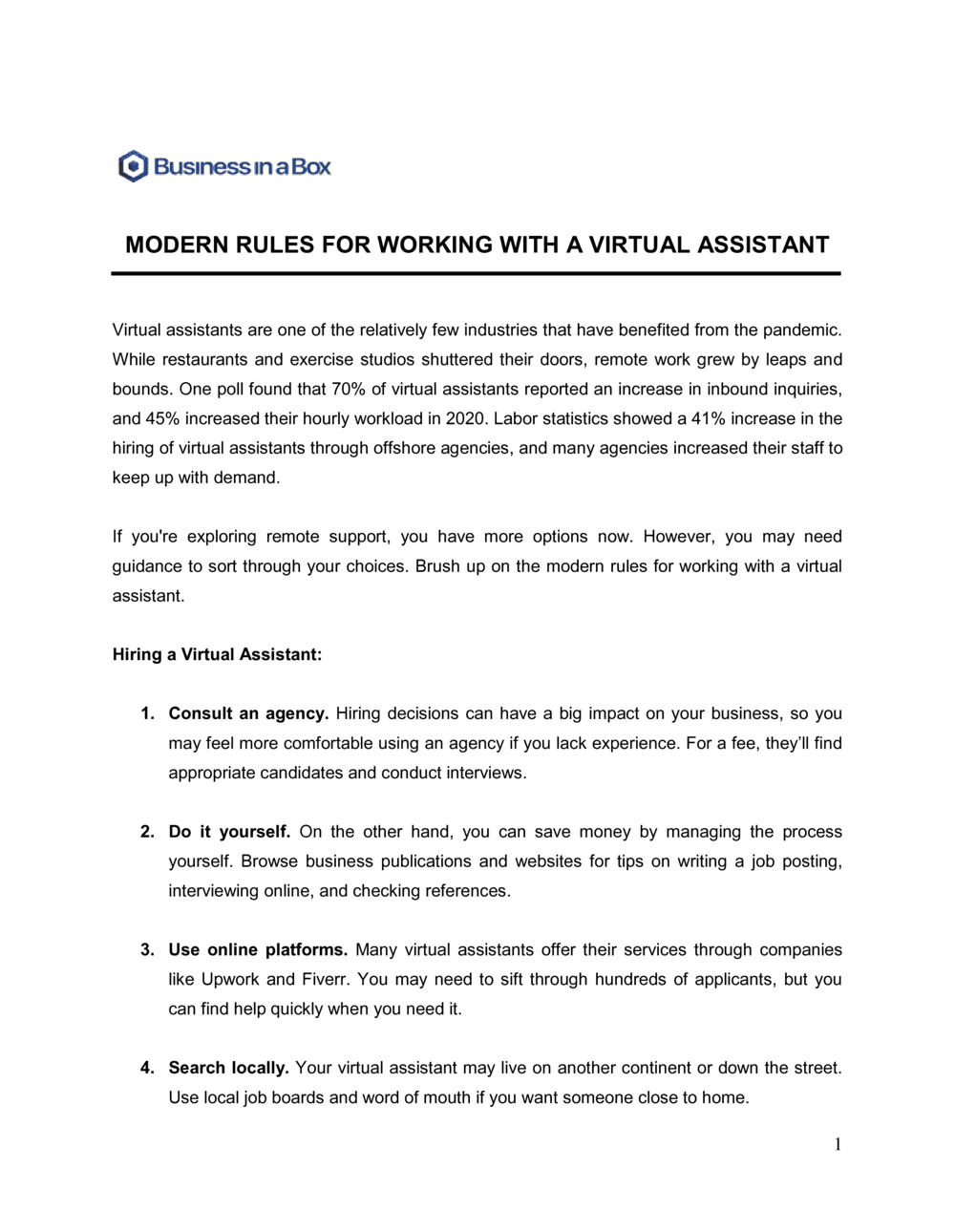 Business-in-a-Box's Modern Rules For Working With A Virtual Assistant Template