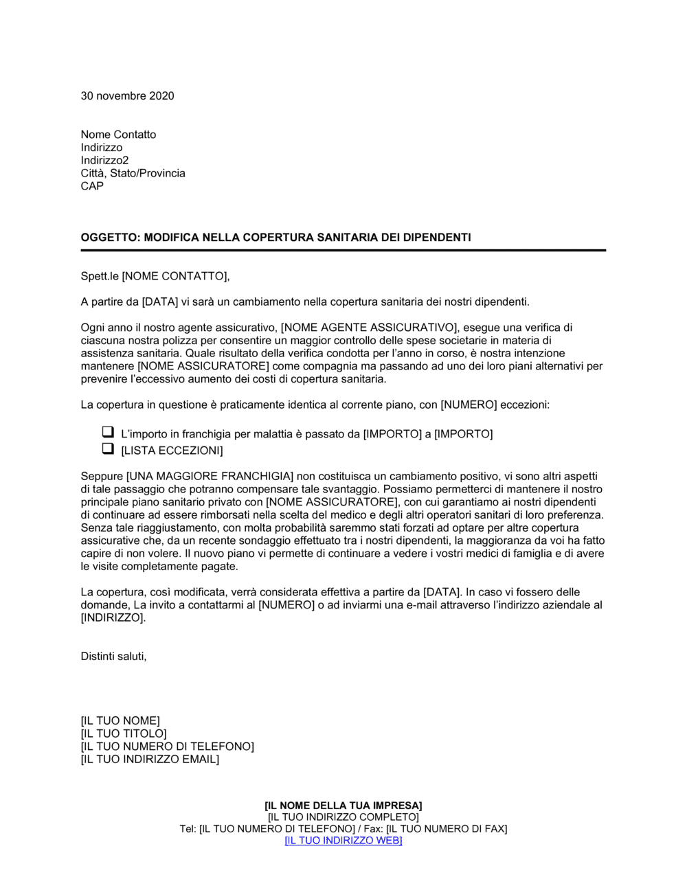 Business-in-a-Box's Modifica copertura sanitaria dipendenti